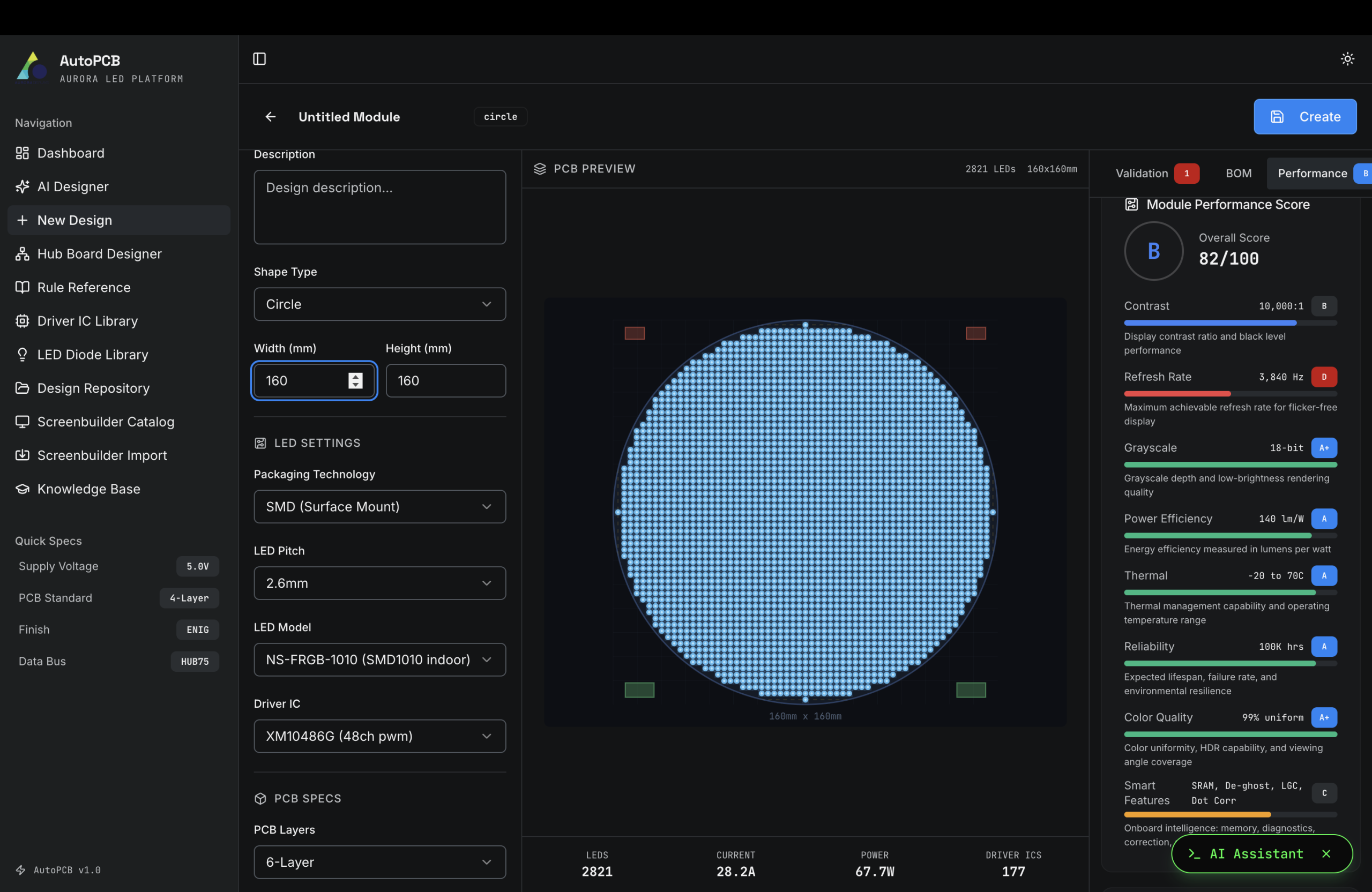 AutoPCB circle-shaped LED module design with 2821 LEDs, performance scoring, driver IC selection, and PCB layer configuration