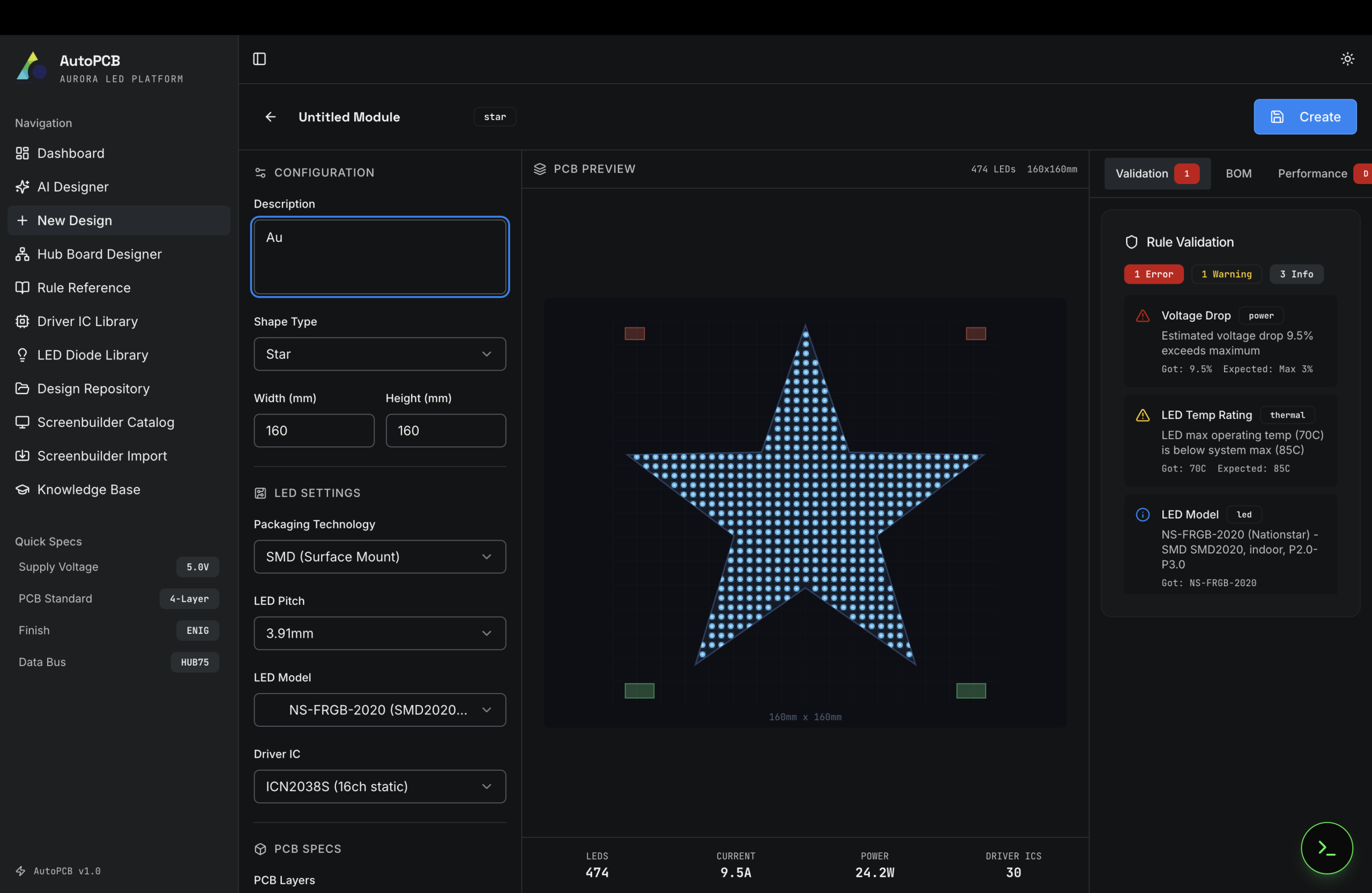AutoPCB interface showing star-shaped LED module PCB design with 474 LEDs, driver IC selection, rule validation, BOM, and performance panels