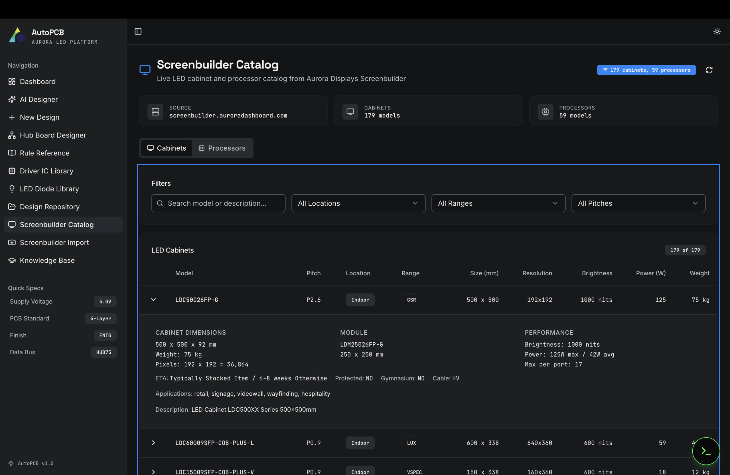 AutoPCB Screenbuilder Catalog showing 179 LED cabinets and 59 processors with filters, expanded cabinet details including dimensions, module info, and performance specs