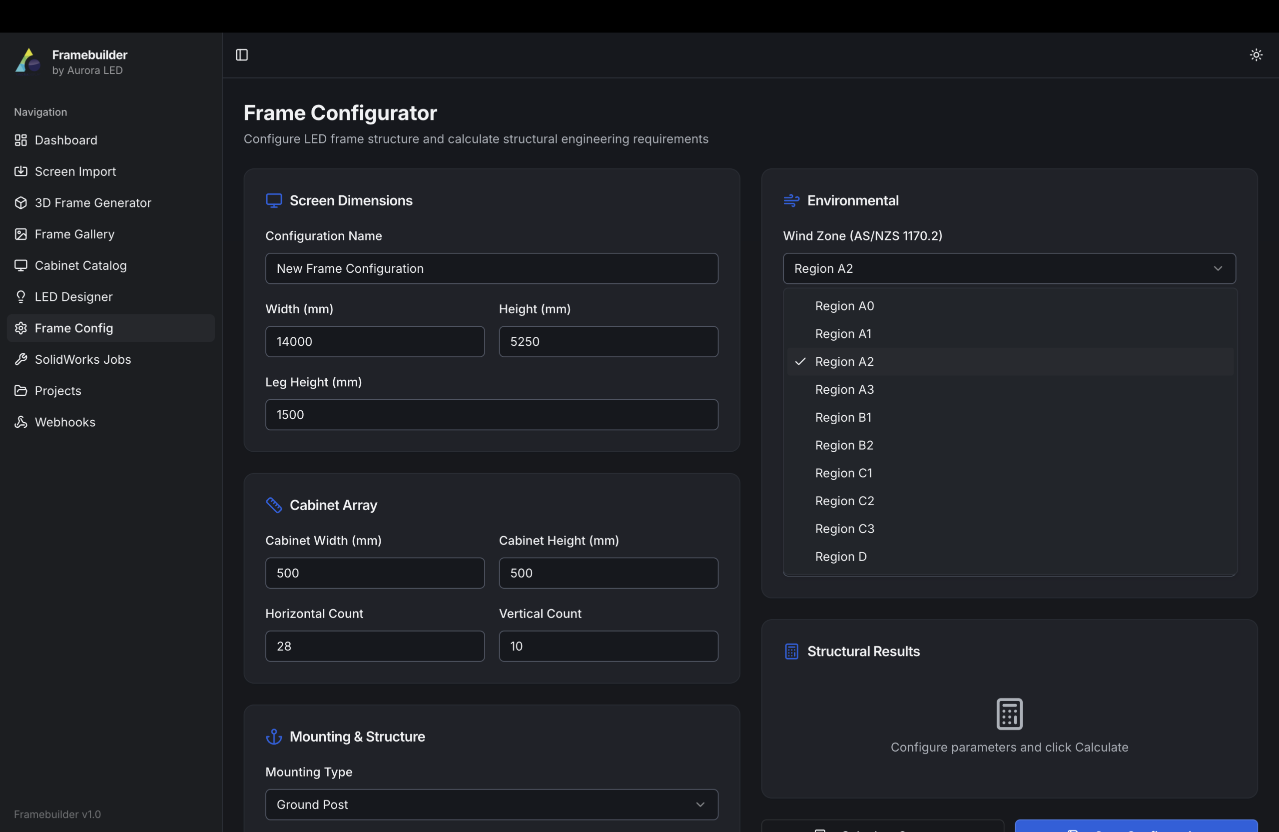 FrameBuilder Frame Configurator interface showing screen dimensions, cabinet array settings, wind zone selection (AS/NZS 1170.2), mounting type, and structural results panel