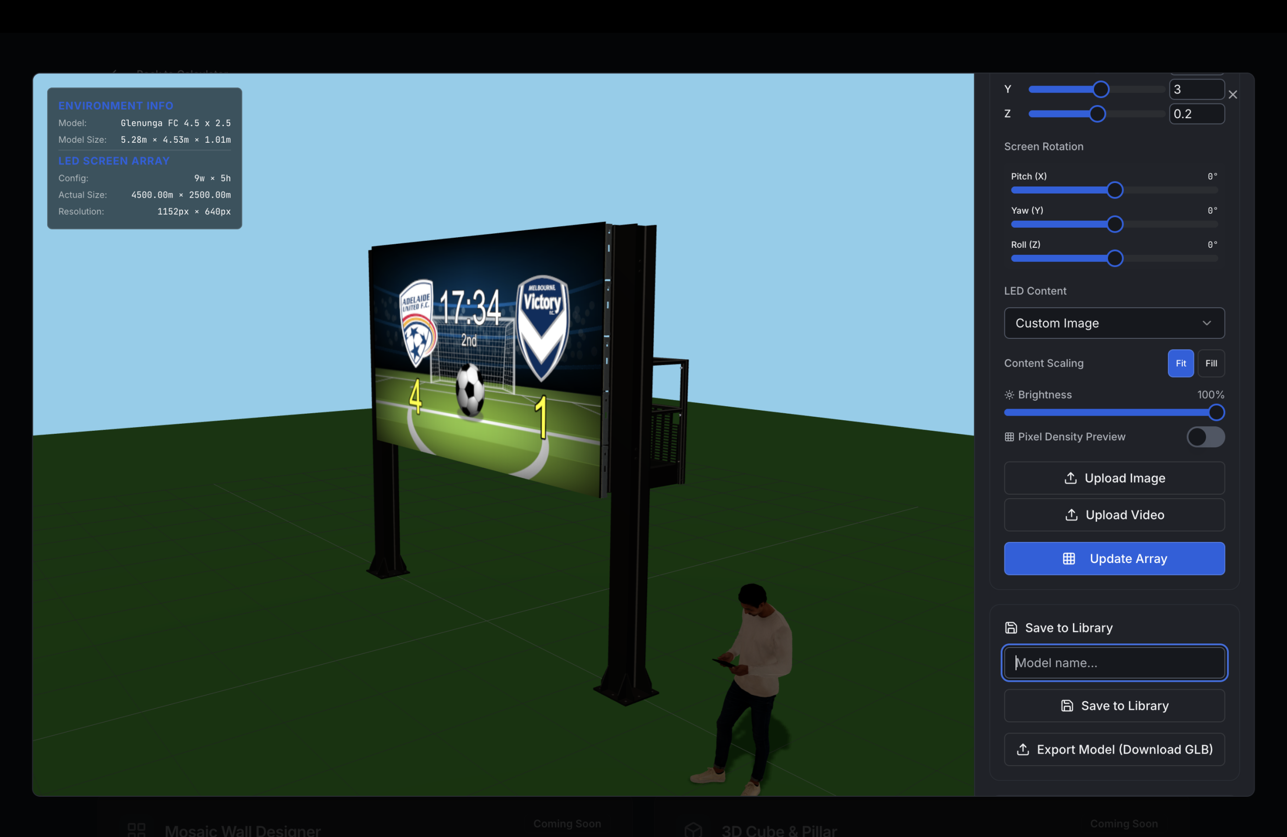 FrameBuilder 3D view showing LED scoreboard on steel frame structure with legs, footings, human figure for scale, content overlay, and export controls