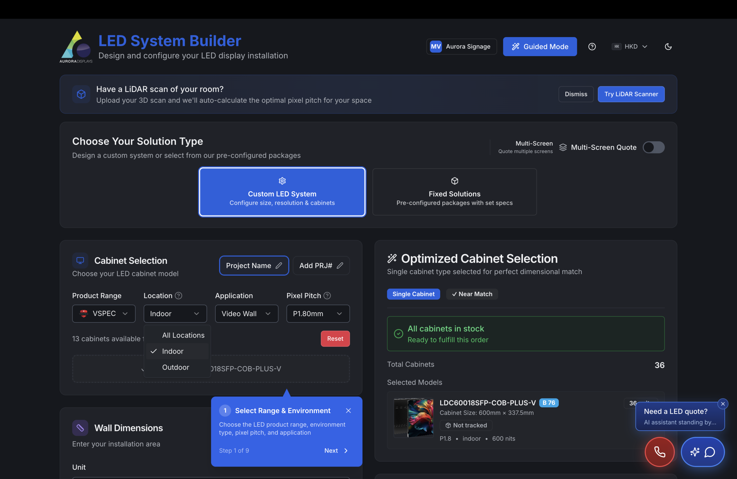 ScreenBuilder calculator interface showing cabinet selection, optimised cabinet matching, LiDAR scanner integration, and guided wizard workflow