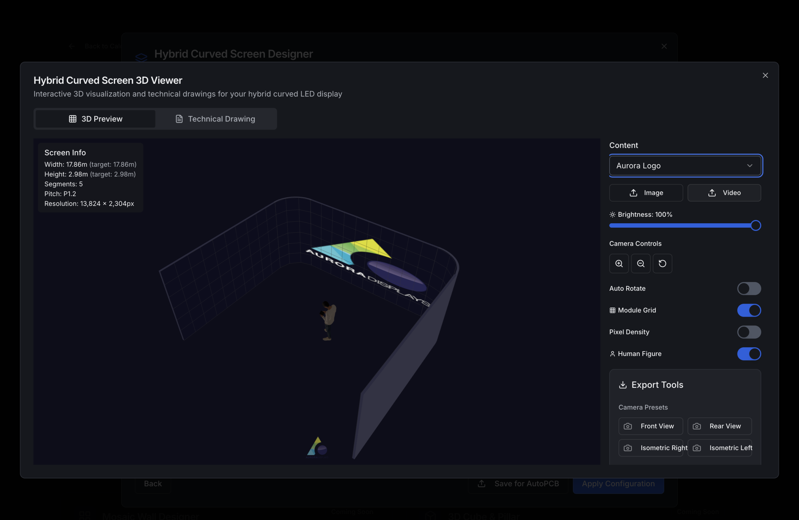 Hybrid Curved Screen 3D Viewer showing immersive curved LED display with module grid, human figure for scale, content overlay, and export tools