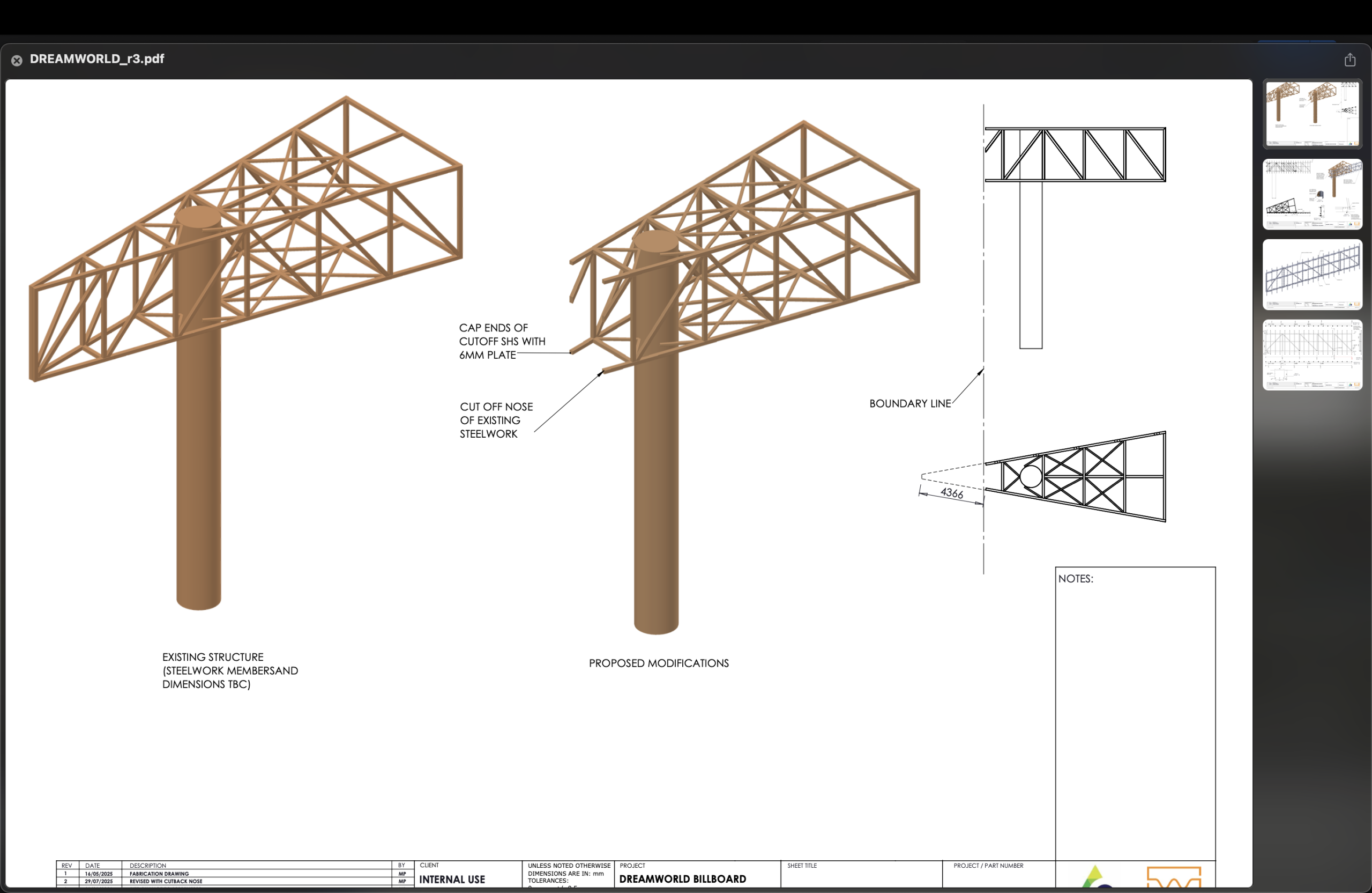 Dreamworld billboard structural modification drawing showing existing and proposed steelwork with boundary line details