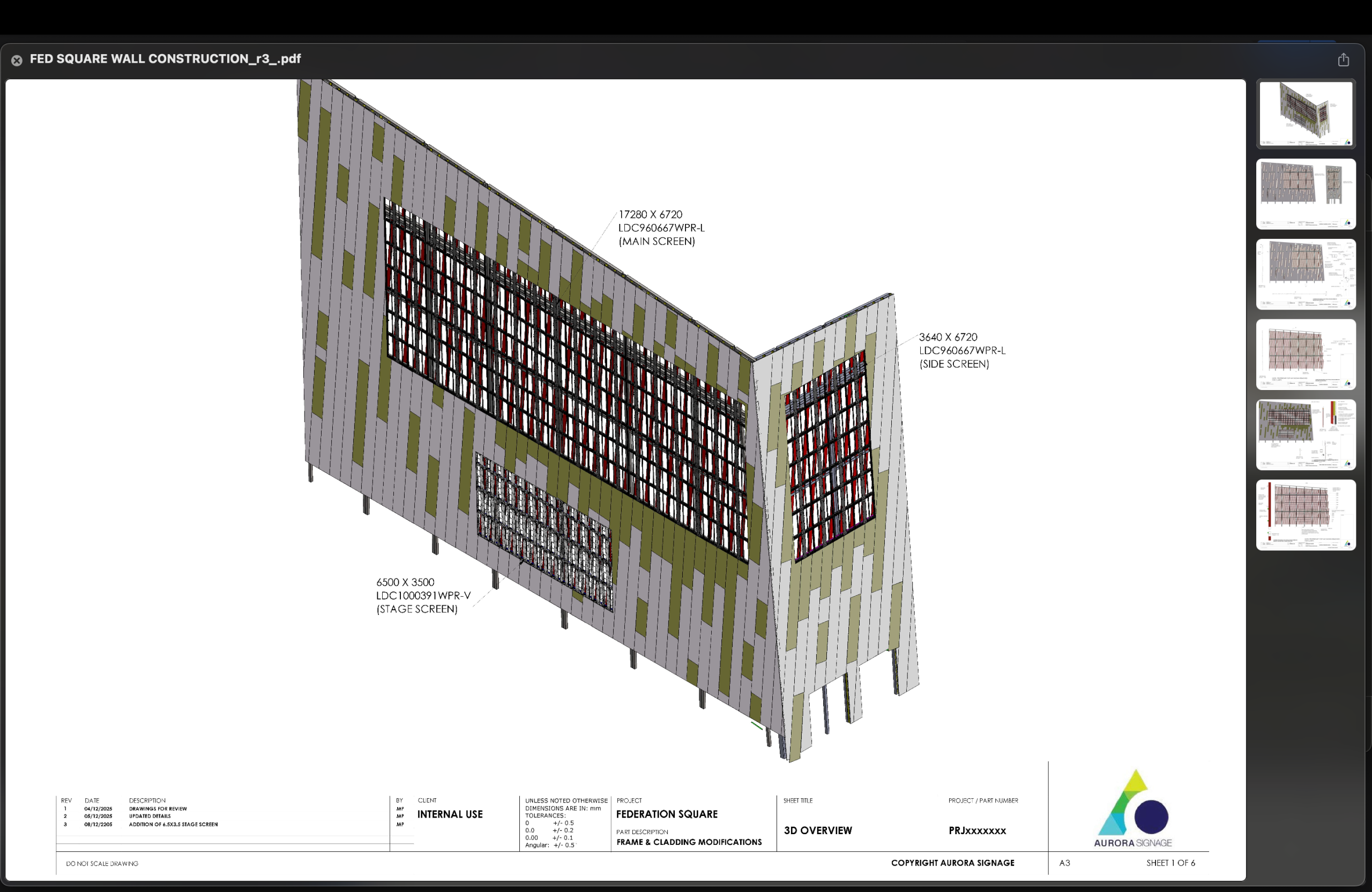 Federation Square 3D overview showing frame and cladding modifications with main screen, side screen, and stage screen layouts