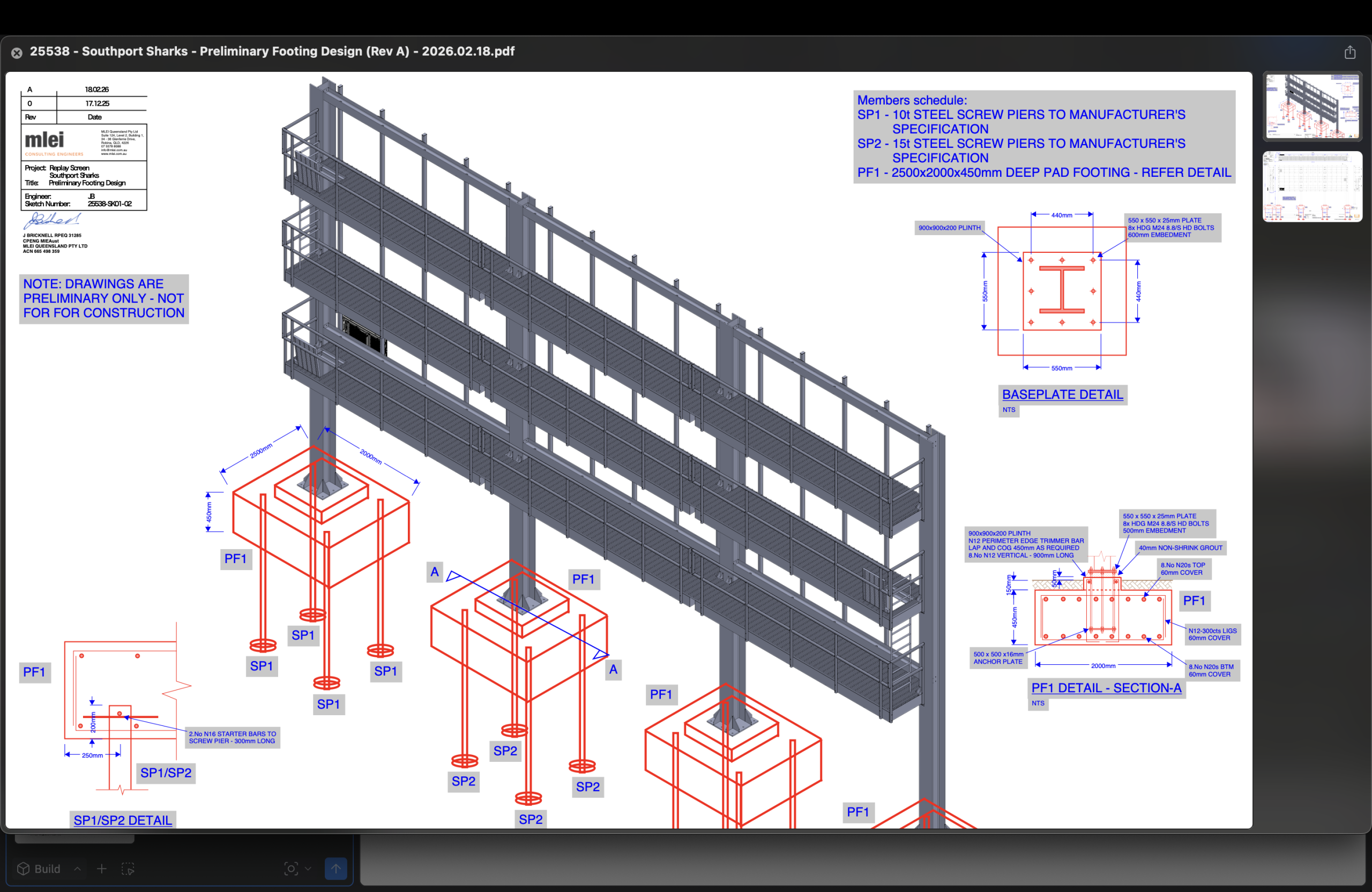 Southport Sharks preliminary footing design with screw piers, pad footings, and structural steel frame for LED scoreboard